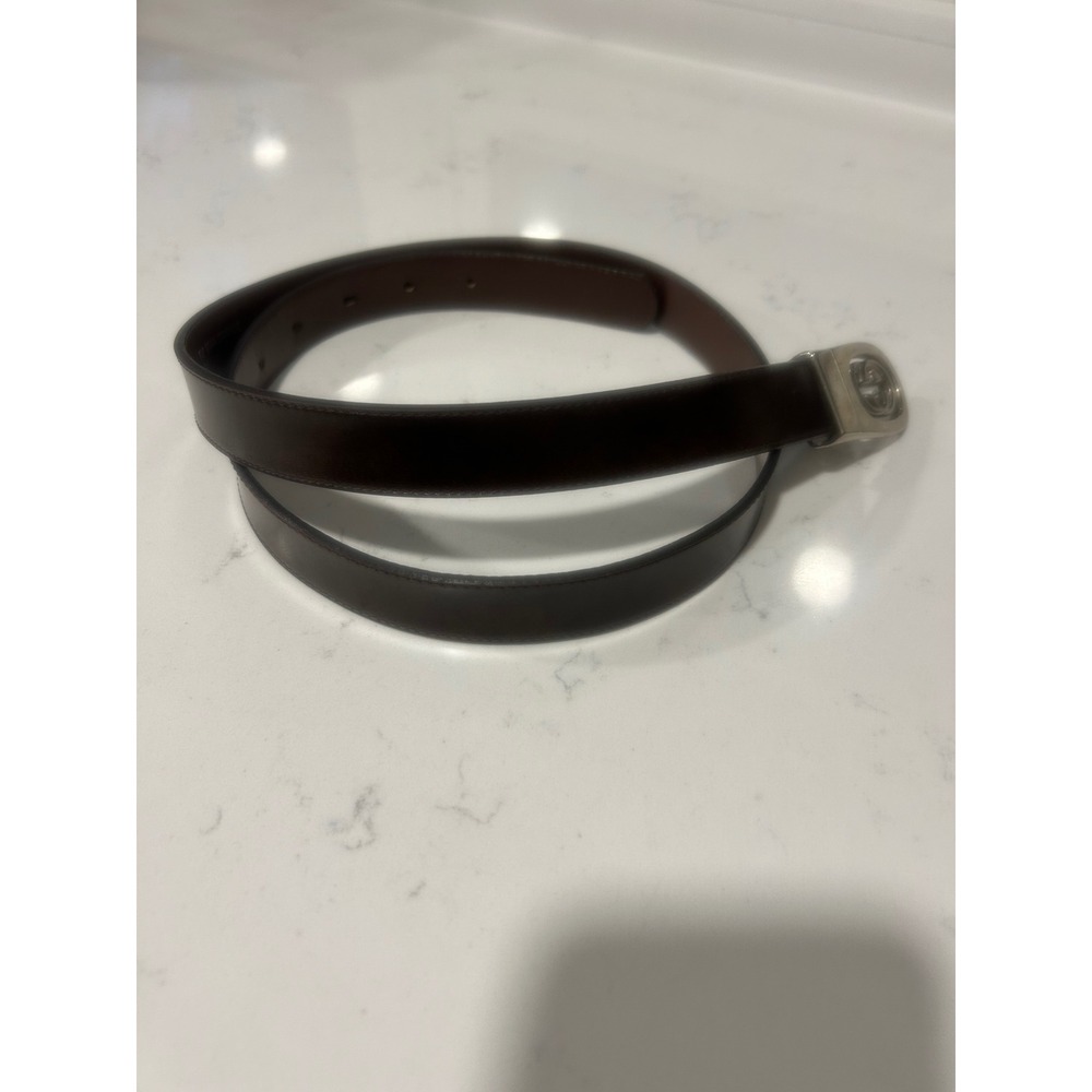 Vintage Gucci Parfums Brown Leather Belt Silver Interlocking GG Buckle 38/95